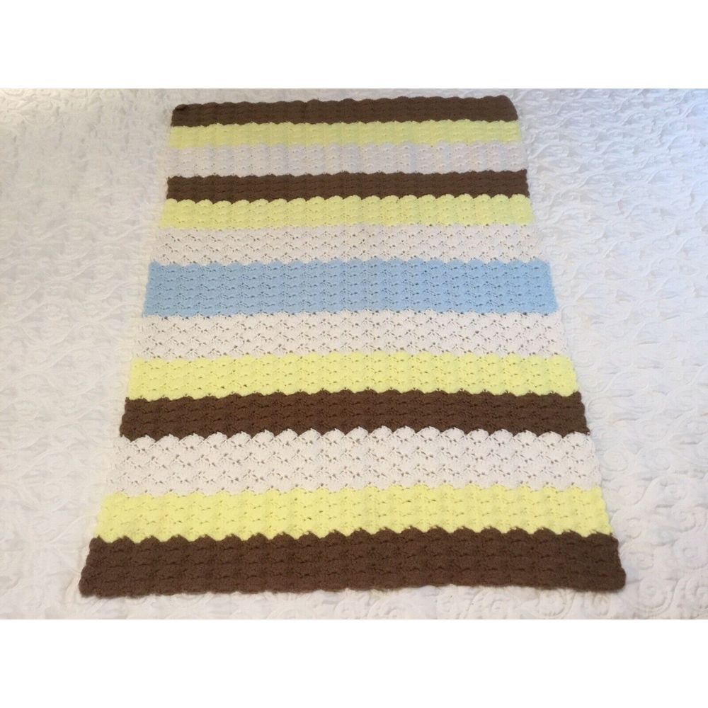 Crocheted Afghan handmade Throw Cover Brown yellow white Size 40 Long 28 Wide